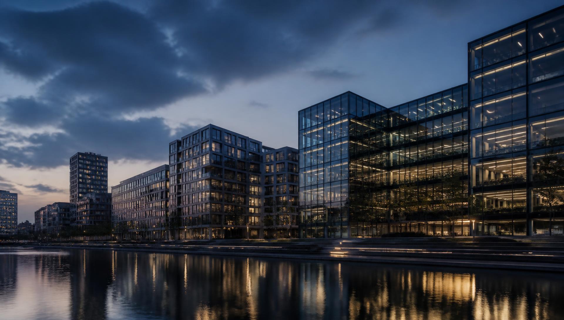 Moderne kantoor- en woongebouwen aan het water in Amsterdam in de avondschemering