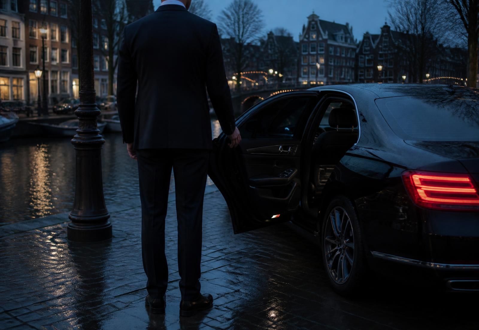 Chauffeur in donker pak opent het portier van een zwarte zakelijke personenauto aan een Amsterdamse gracht